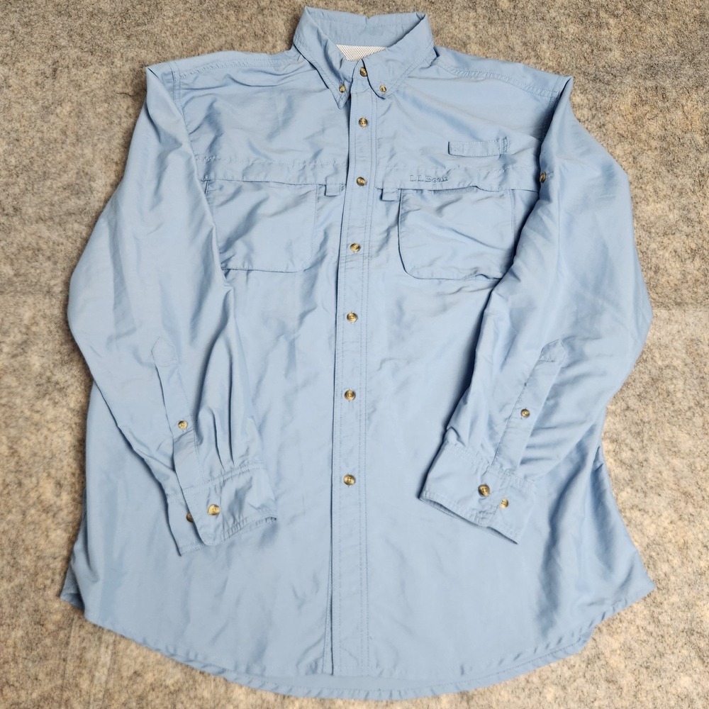 LL Bean Utility Shirt Men L Reg Blue Mesh Vented Back Long Sleeve Fishing Hiking